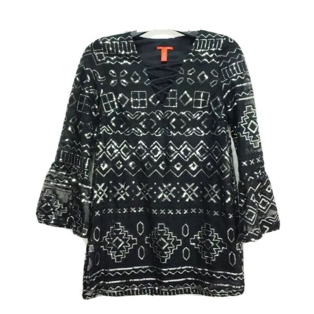 Chelsea & Violet CV Black silver Sequin Dress Bell Sleeve Size XS
